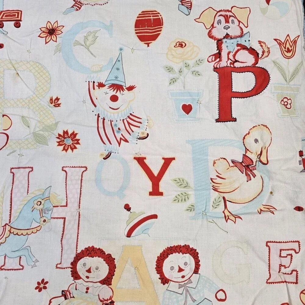 Vintage 60s 70s Kitschy Baby Quilt Blanket Reversible Alphabet Animals Checkered